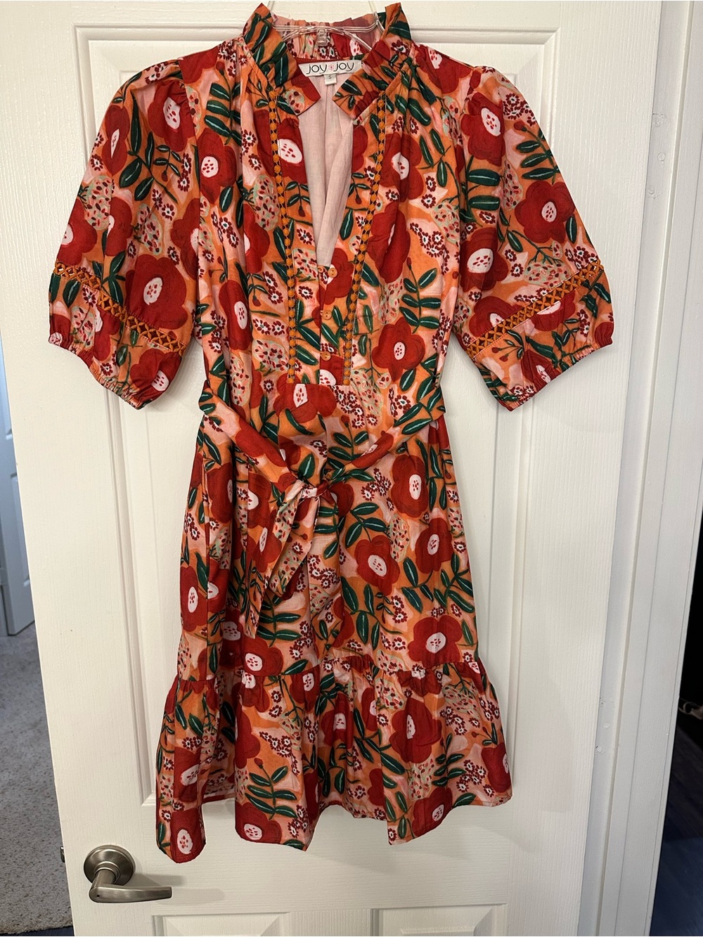 Joy Joy Red & Green Floral Midi Dress with Self-Tie Waist